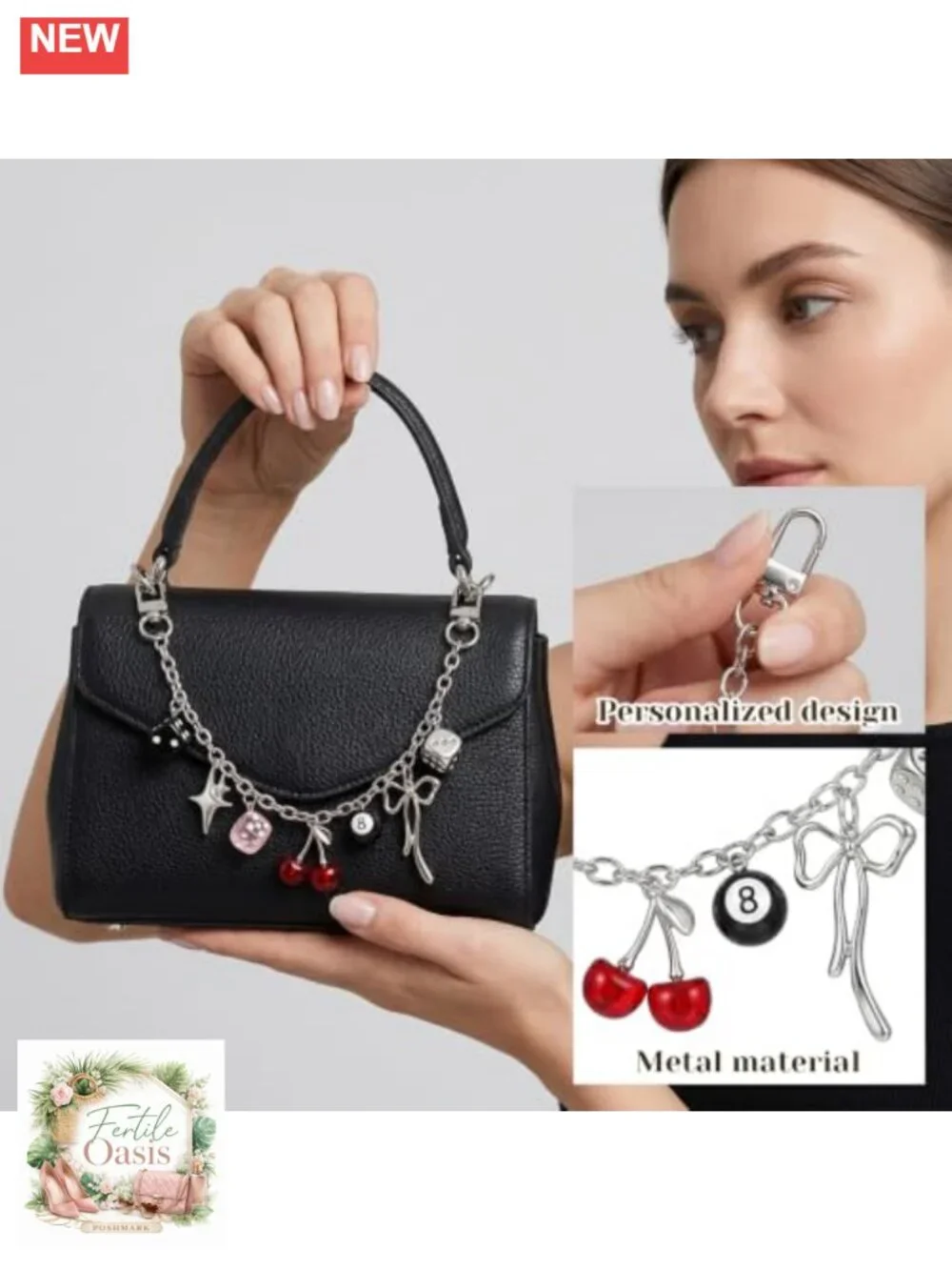 Y2K 8 Ball Bag Charm Pendant with Dice Star Bow - Silver Zinc Alloy Purse Charm